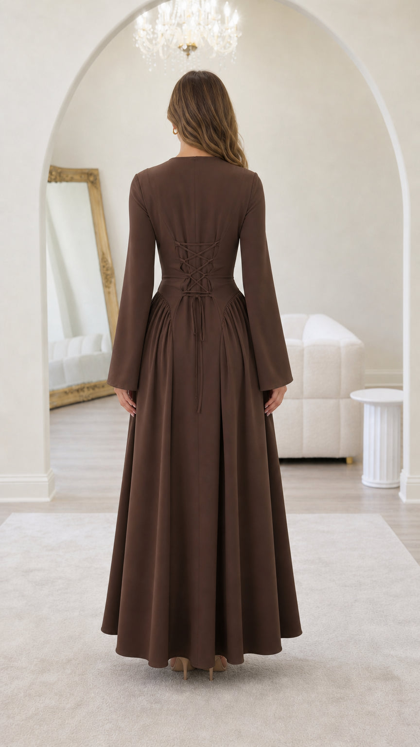 Back view showing lace-up corset detail on brown maxi dress