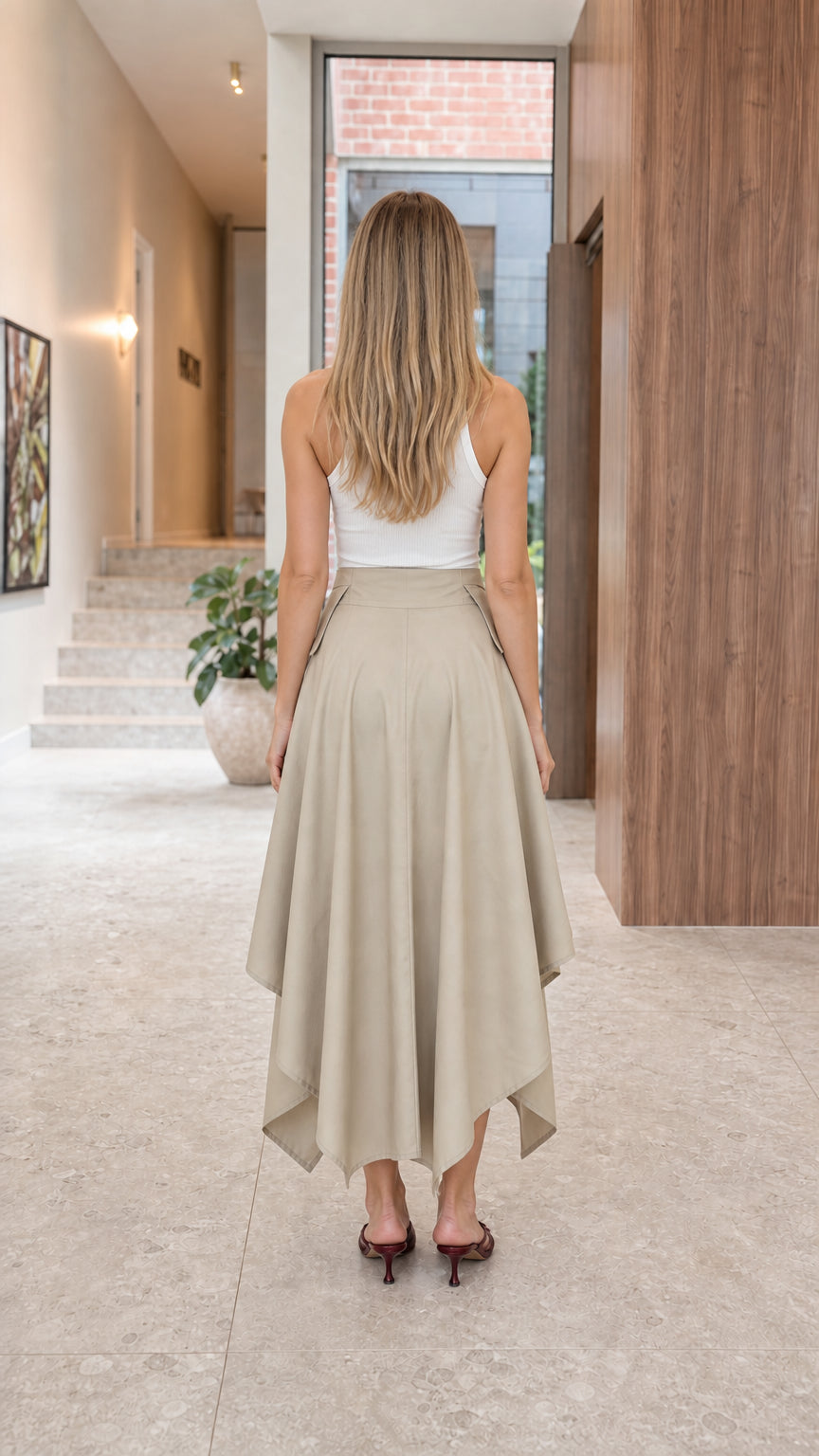 Back view of khaki asymmetric midi skirt
