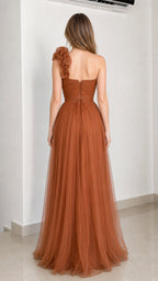 Back view of rust brown tulle evening dress showing lace-up detail