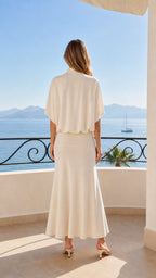 Back view of cream two-piece set