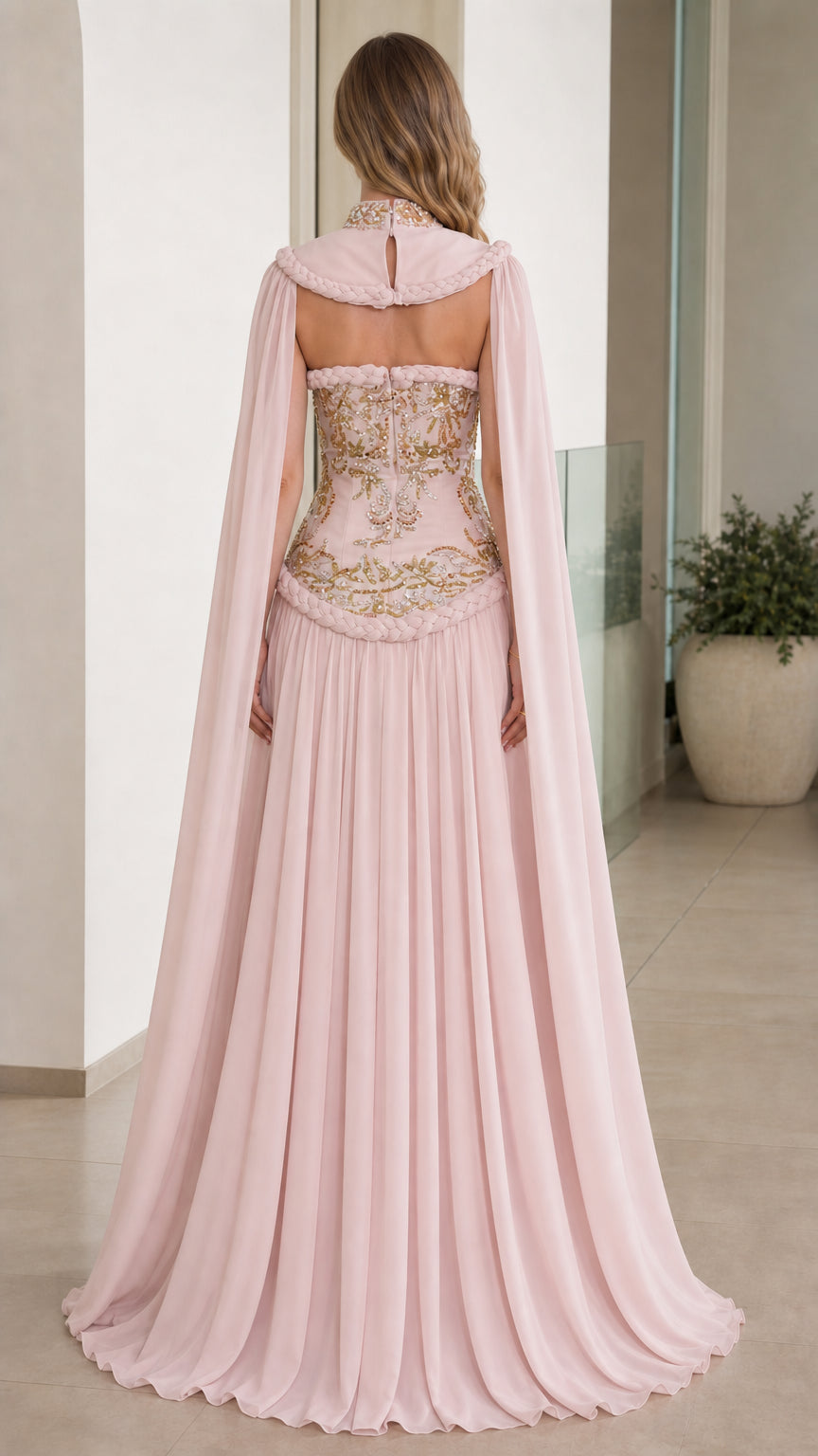 Back view of Blush Pink evening dress with flowing capelet