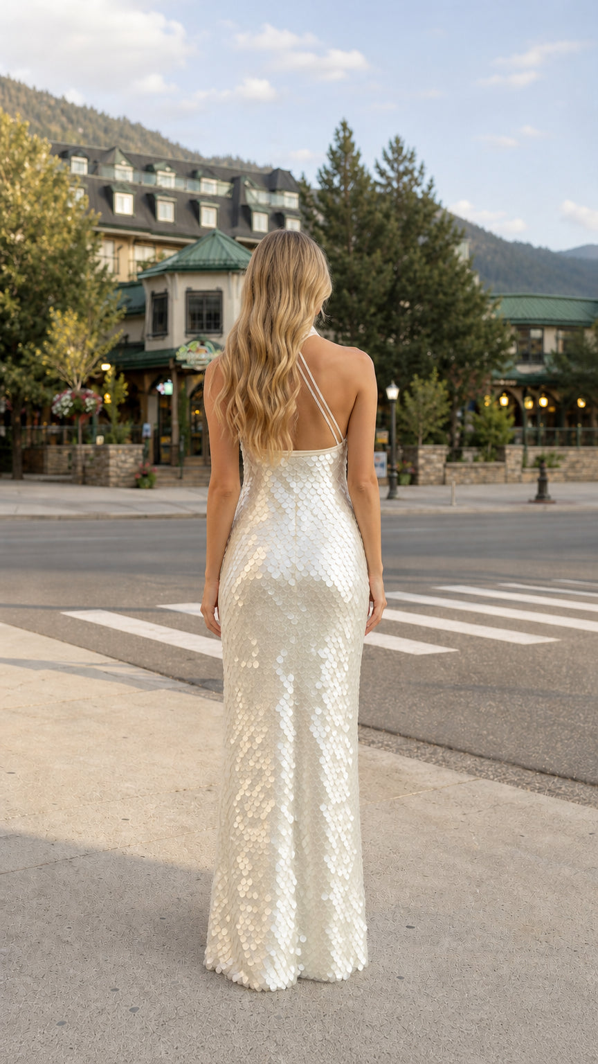 Back view of woman showing open back and straps on white sequin gown