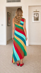 Back view of the colorful diagonal stripe sleeveless knit dress