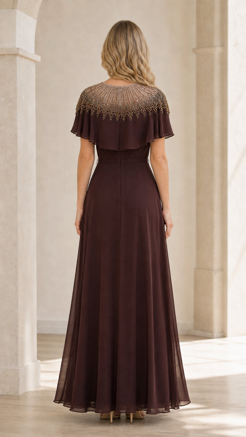 Back view of brown formal maxi dress