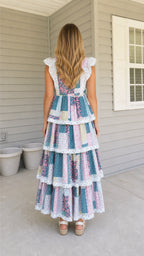 Back view of multi patchwork tiered maxi dress