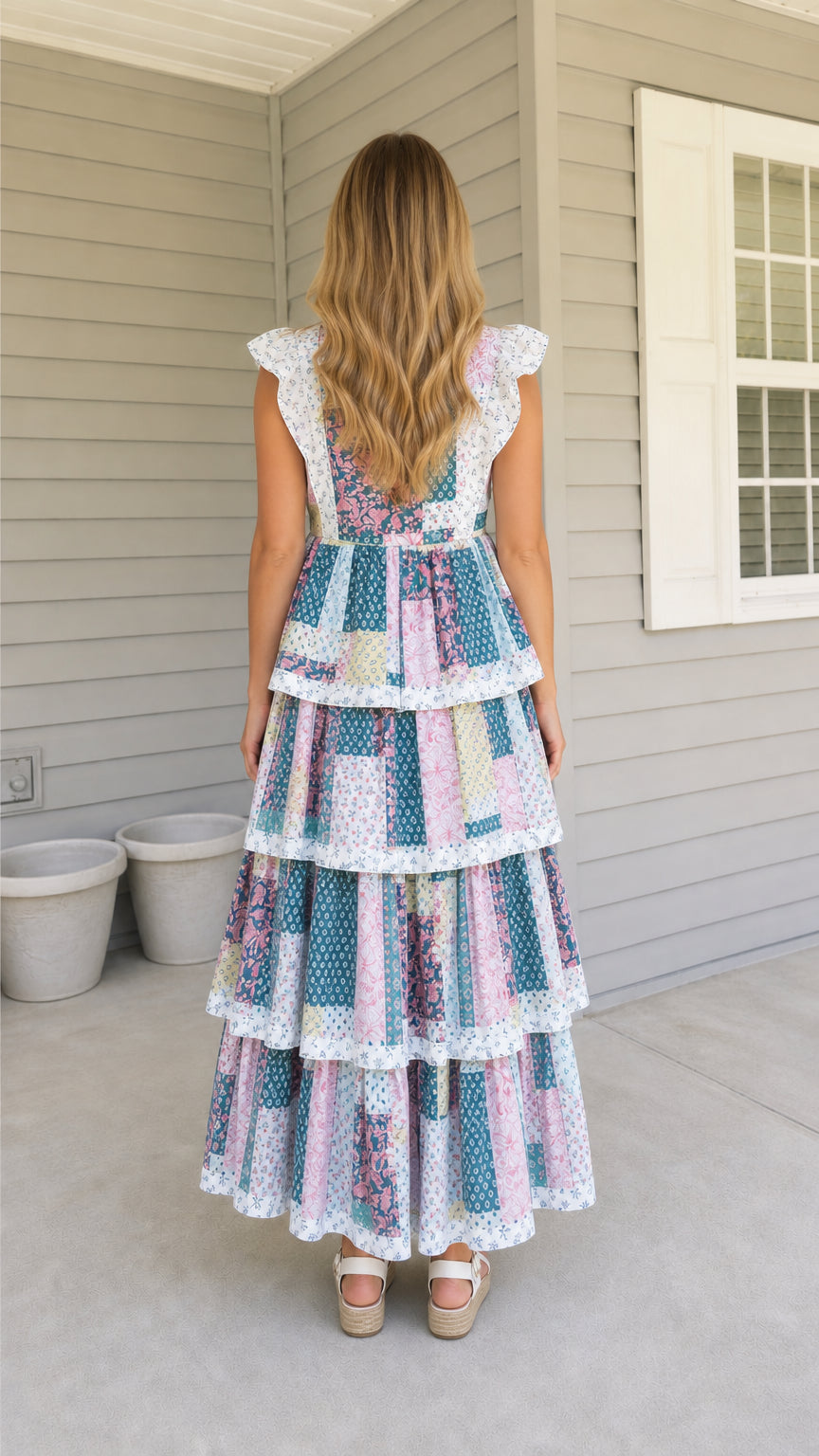 Back view of multi patchwork tiered maxi dress