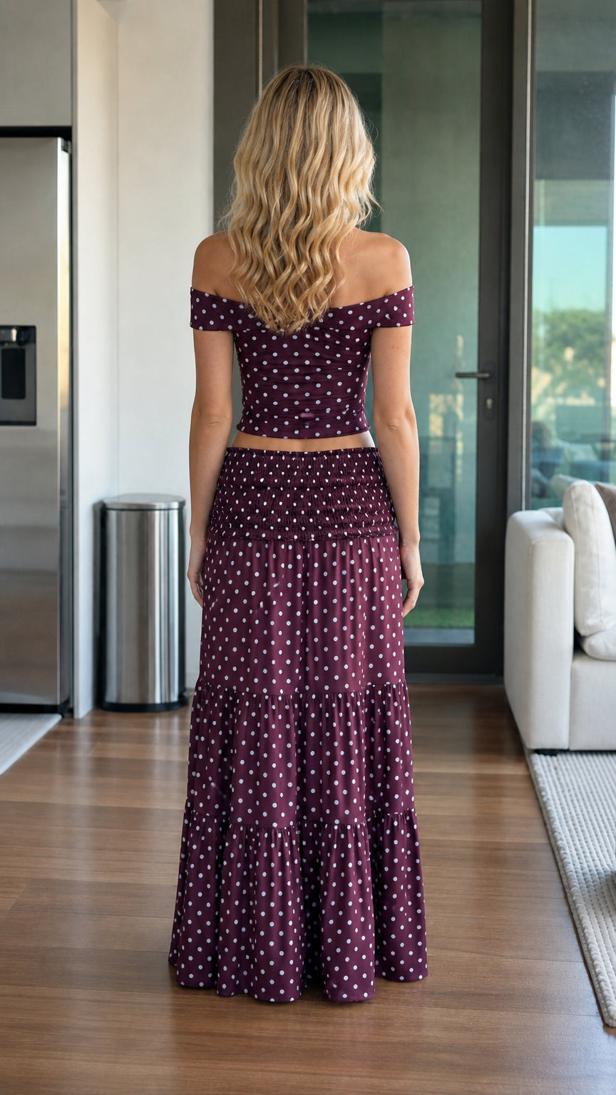 Back view of burgundy tiered maxi skirt set