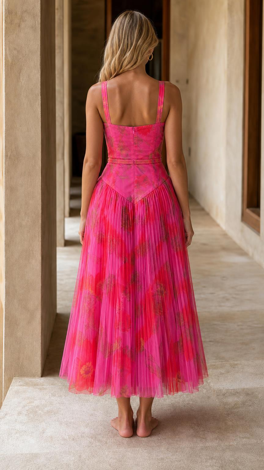 Back view of pink floral pleated midi dress
