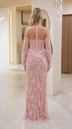 Back view of pink lace evening gown