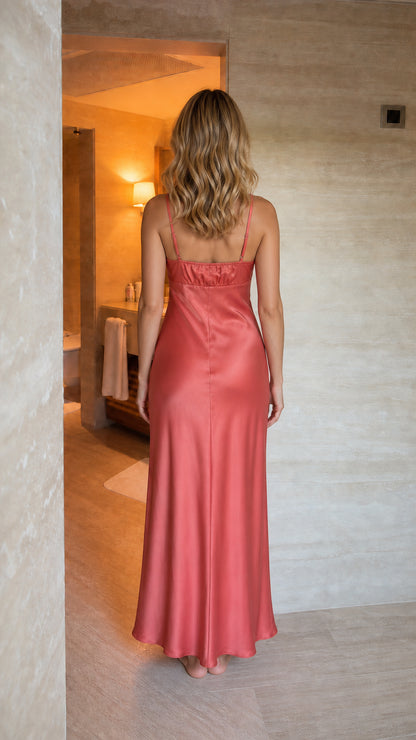 Satin Ruffle Trim Maxi Slip Dress
