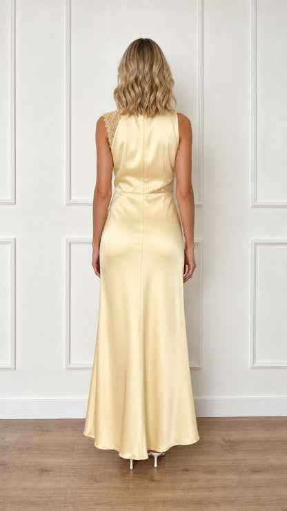 Back view of yellow satin maxi dress