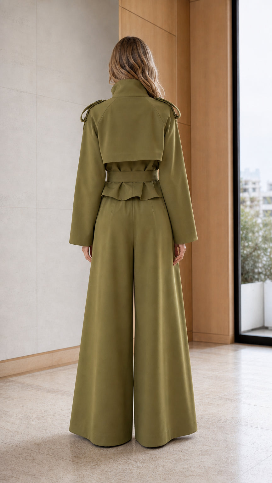 Back view of woman wearing khaki trench jacket and wide-leg trousers