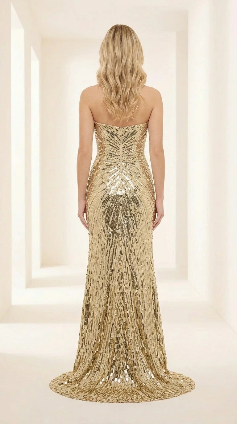 Back view of the gold sequin evening gown showing sweep train