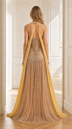 Back view showcasing the attached cape and gown silhouette