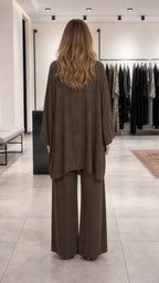 Back view of model wearing brown embroidered lounge set