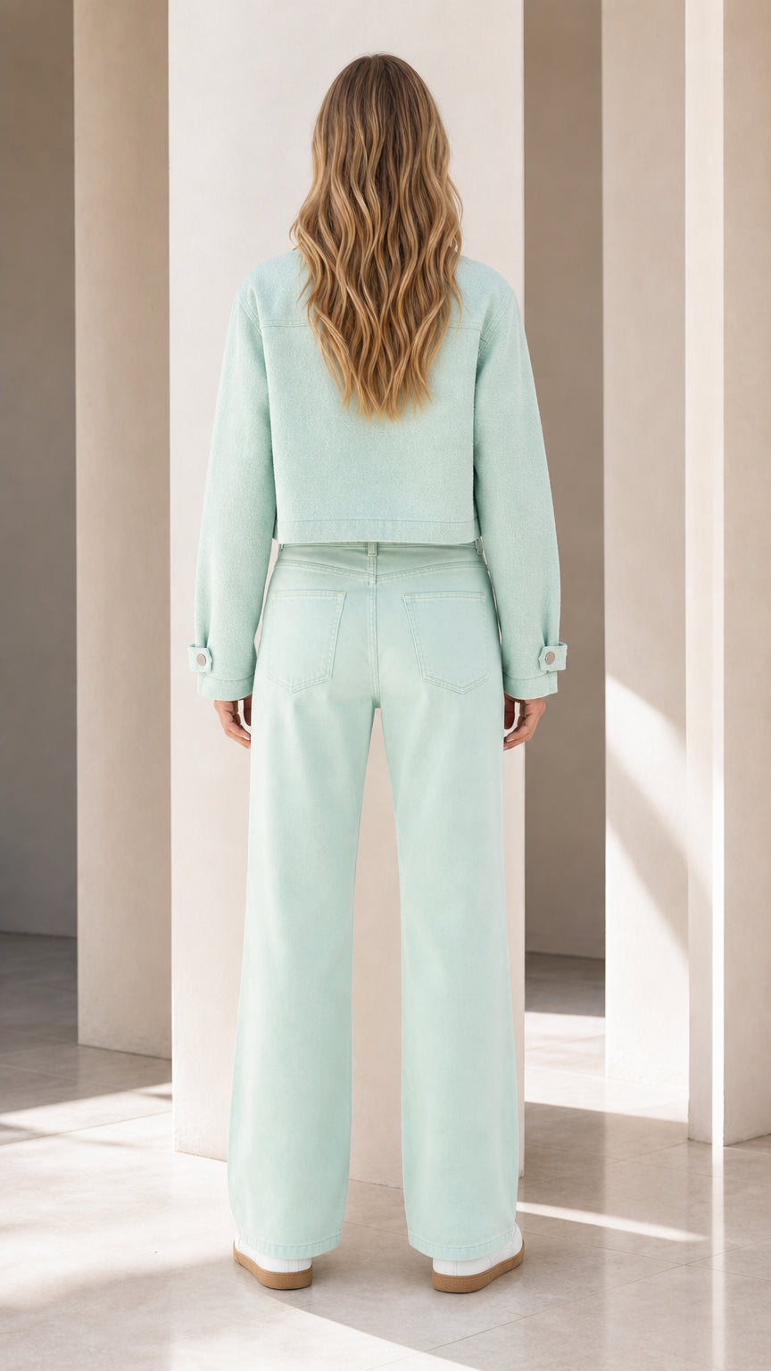 Model wearing mint green co-ord set back view