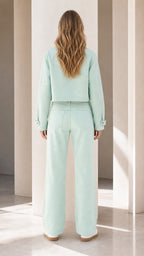Model wearing mint green co-ord set back view