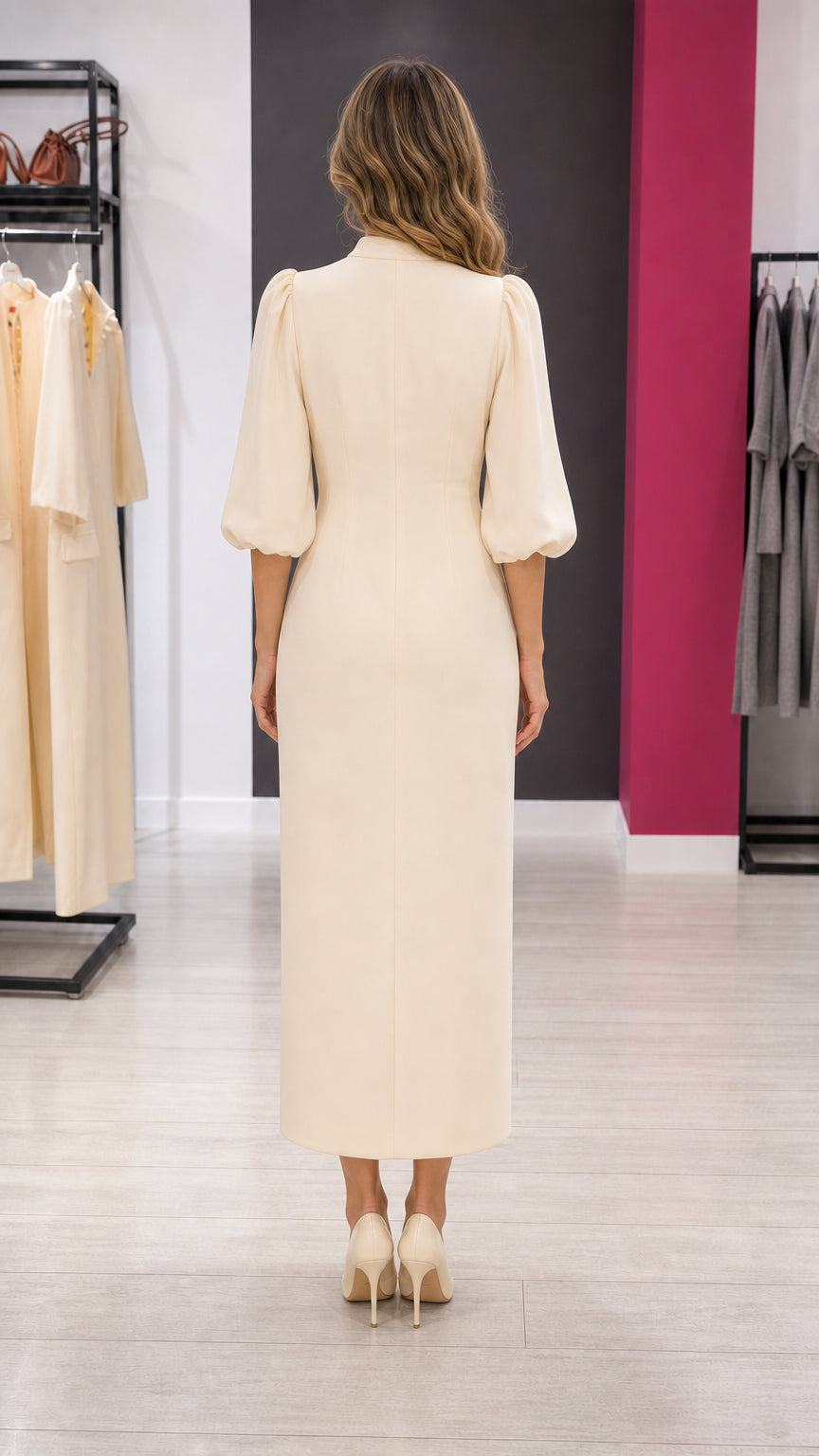Elegance Gem-Button Midi Dress in Cream back view