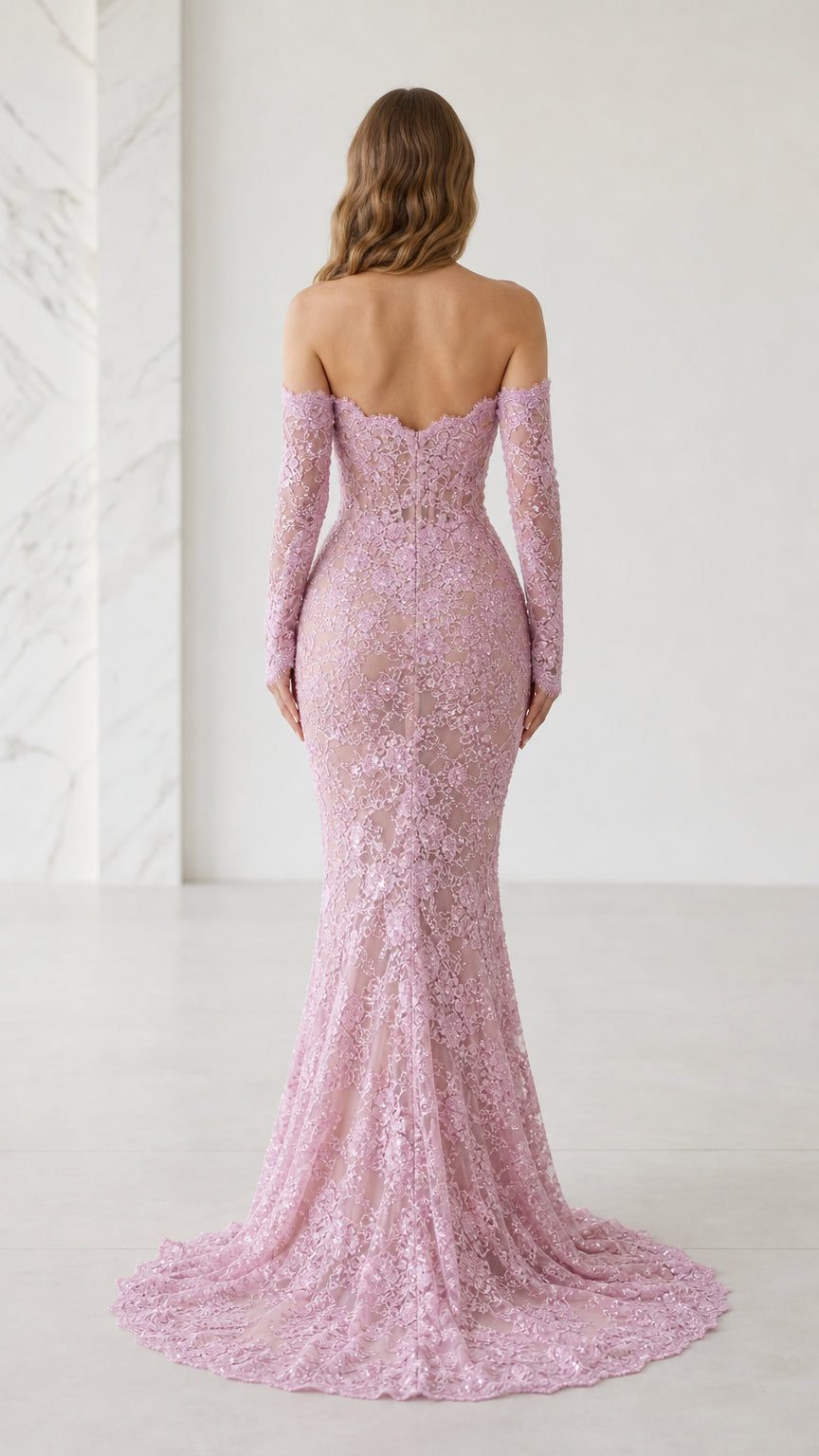 Back view of pink mermaid evening dress showing backline