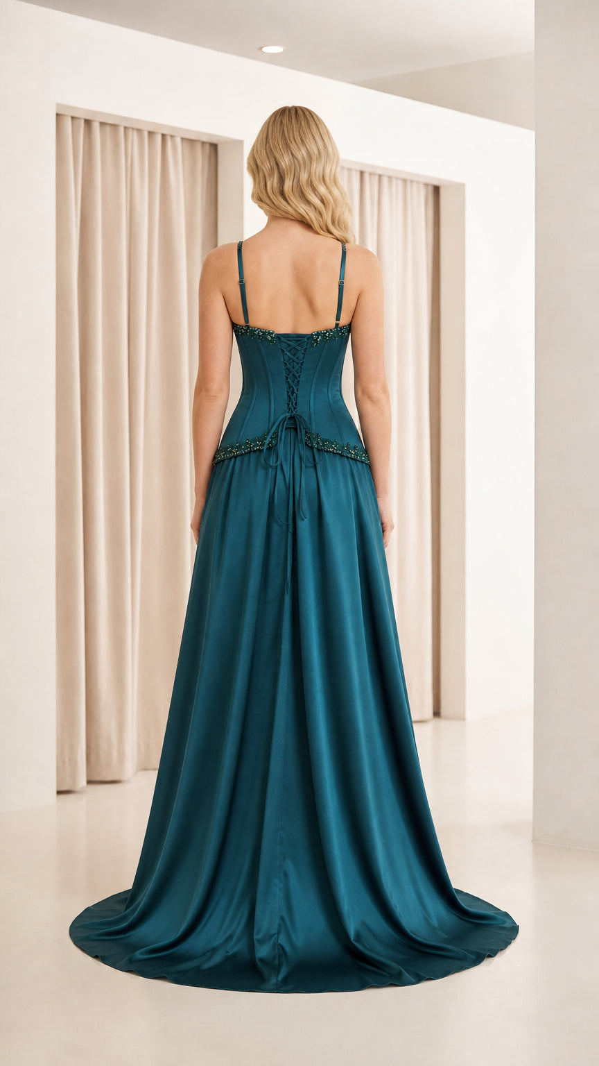 Back view showing lace-up corset detail on teal gown