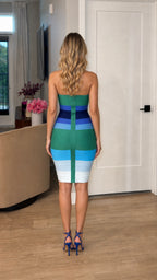 Back view showing zipper detail on blue multi bandage dress