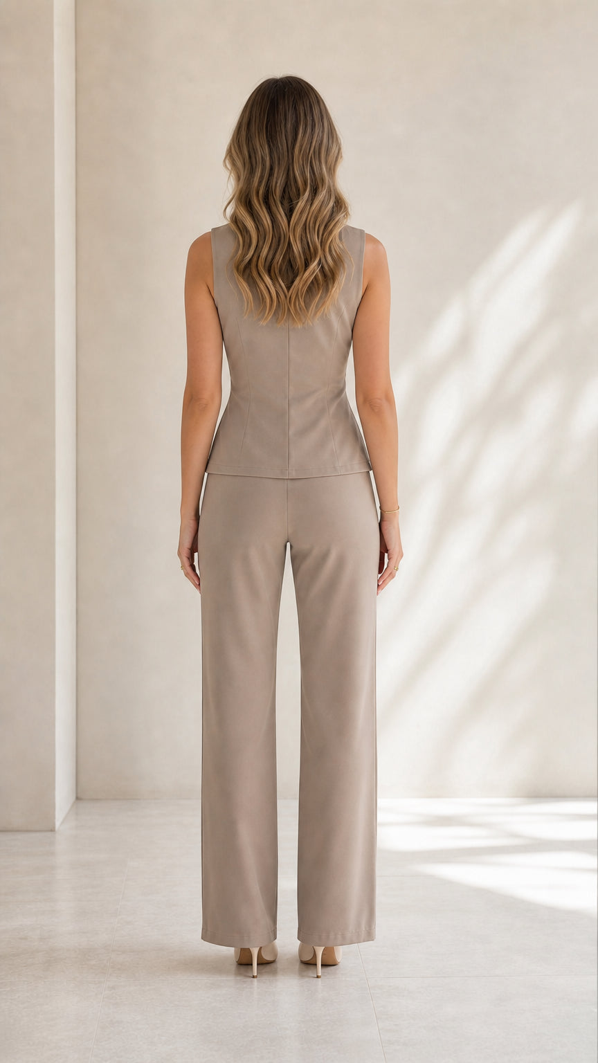 Back view of taupe trouser set