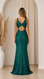 Emerald green evening dress showing cutout back