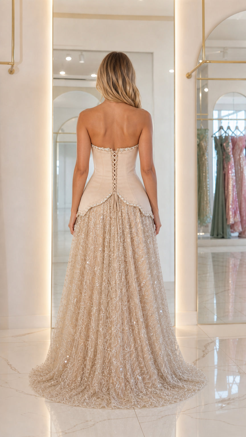 Back view showing lace-up corset detail on champagne gown