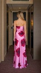 Back view of pink floral satin maxi dress