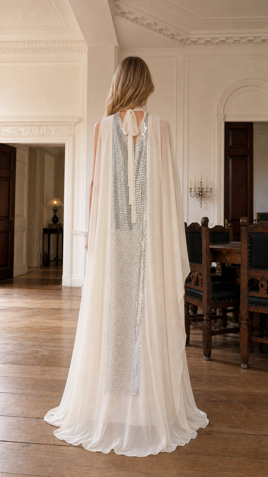 Back view of ivory maxi dress showing cape ties