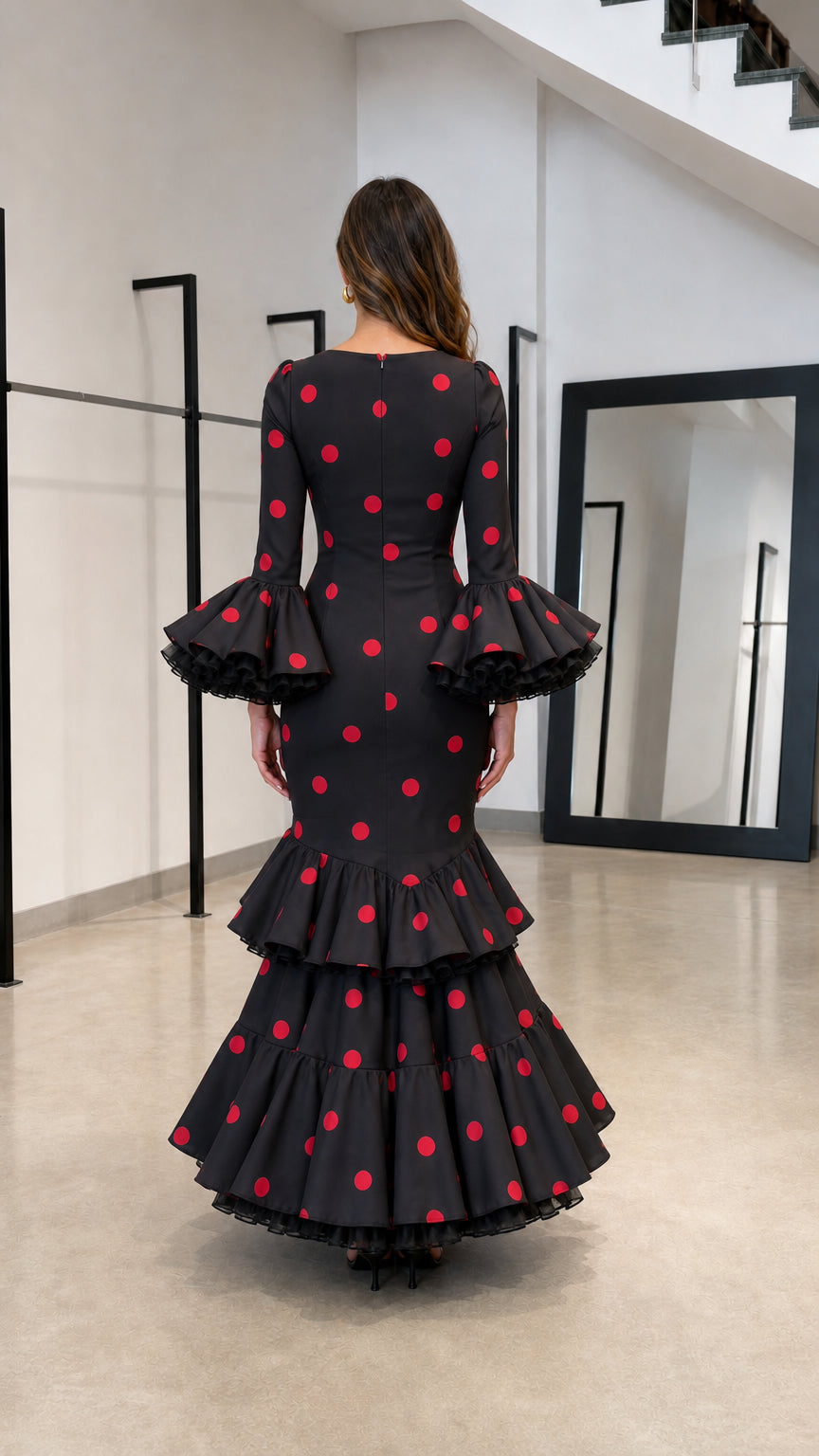 Back view of black and red polka dot tiered ruffle maxi dress