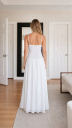 Back view of White pleated cami maxi dress