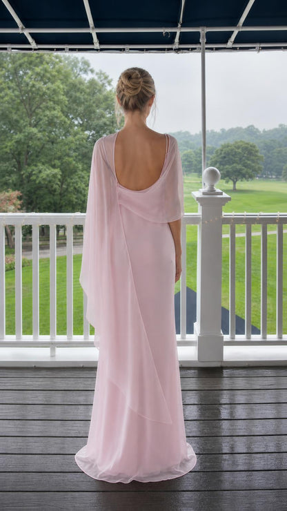 Elegance Flowing Cape Overlay Maxi Evening Dress in Pink back view