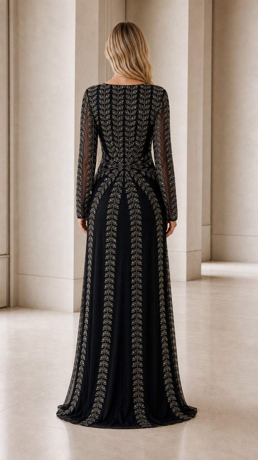 Model wearing black beaded evening gown back view