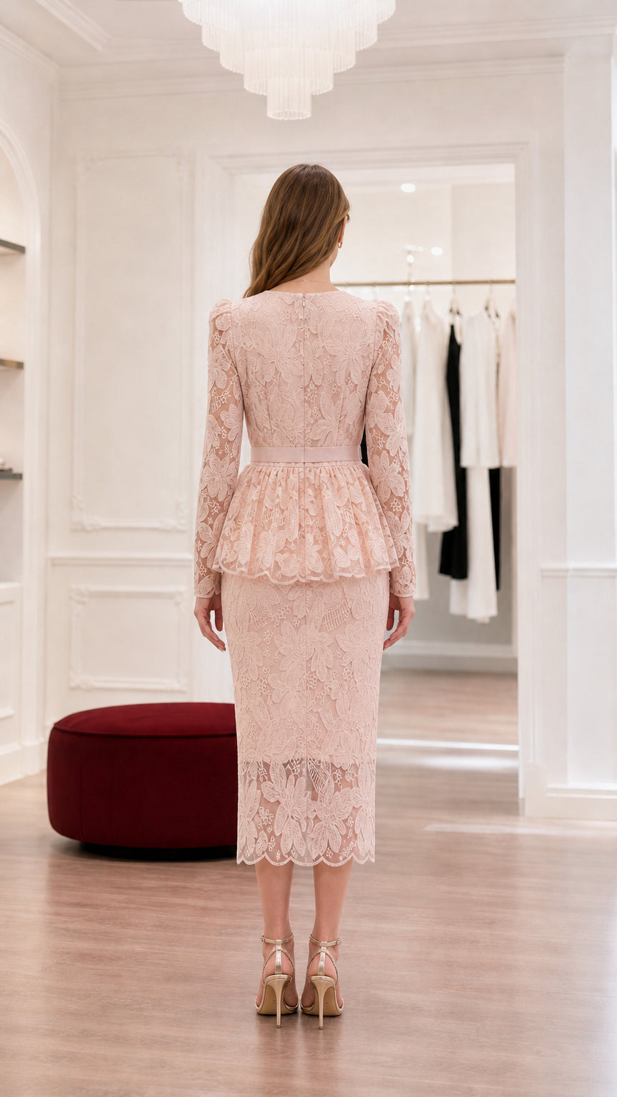 Back view of pink lace peplum dress