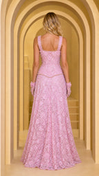 Back view of pink lace evening gown