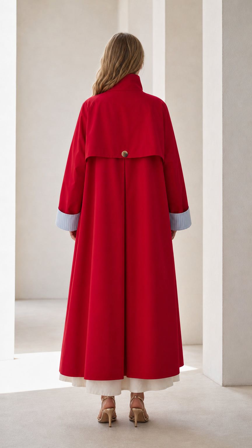 Back view of woman wearing a red trench coat with storm flap