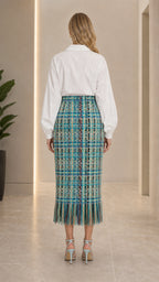 Back view of teal multi tweed midi skirt
