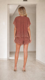 Back view of Dusty Rose short set