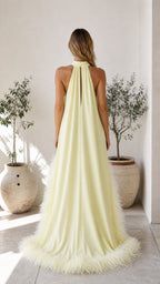 Back view showing high neckline and train of yellow dress