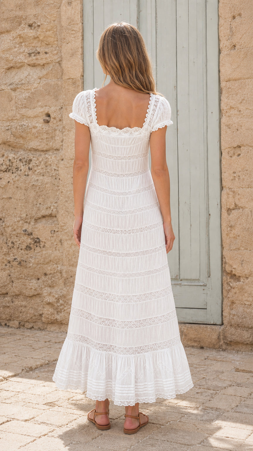 Back view of woman wearing white lace maxi dress
