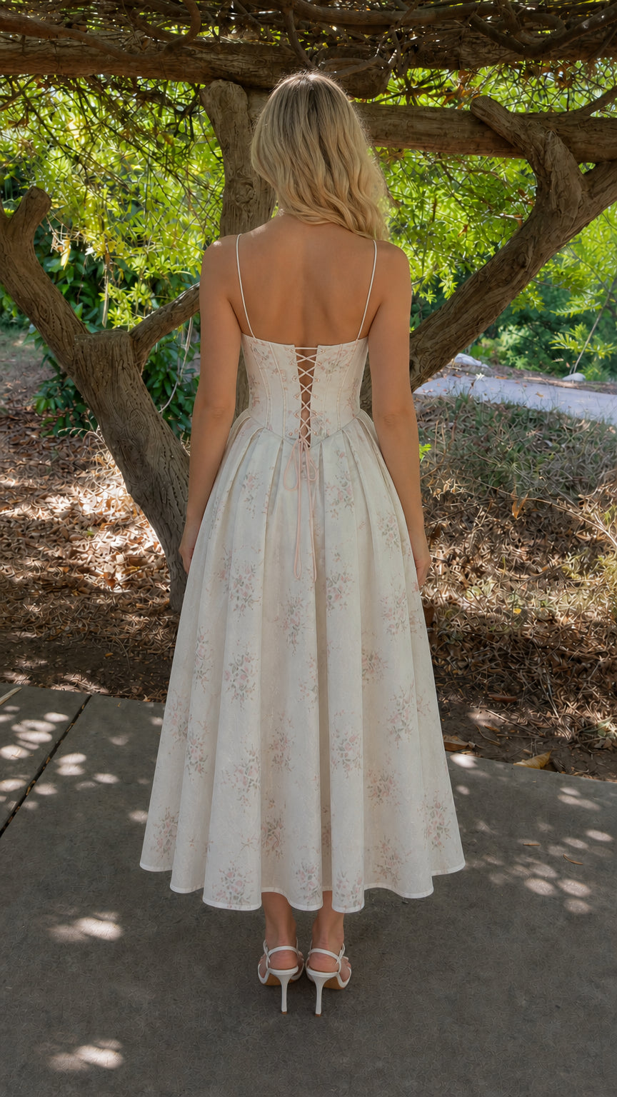 Back view of woman wearing white floral dress with lace-up back detail