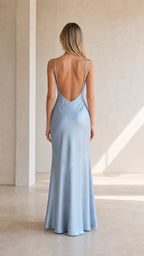 Back view of light blue satin dress showing low scoop back