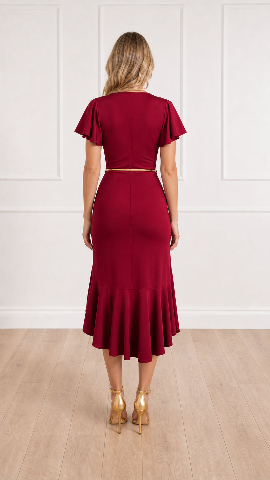 Back view of burgundy midi dress with fitted silhouette