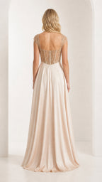 Back view of champagne formal gown