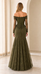 Back view of olive mermaid lace formal gown