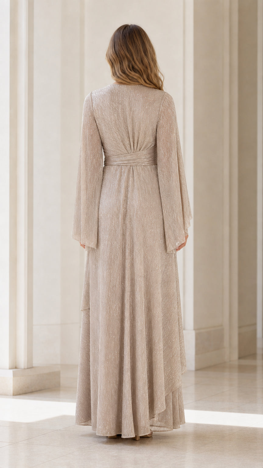 Back view of champagne maxi evening dress