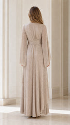Back view of champagne maxi evening dress