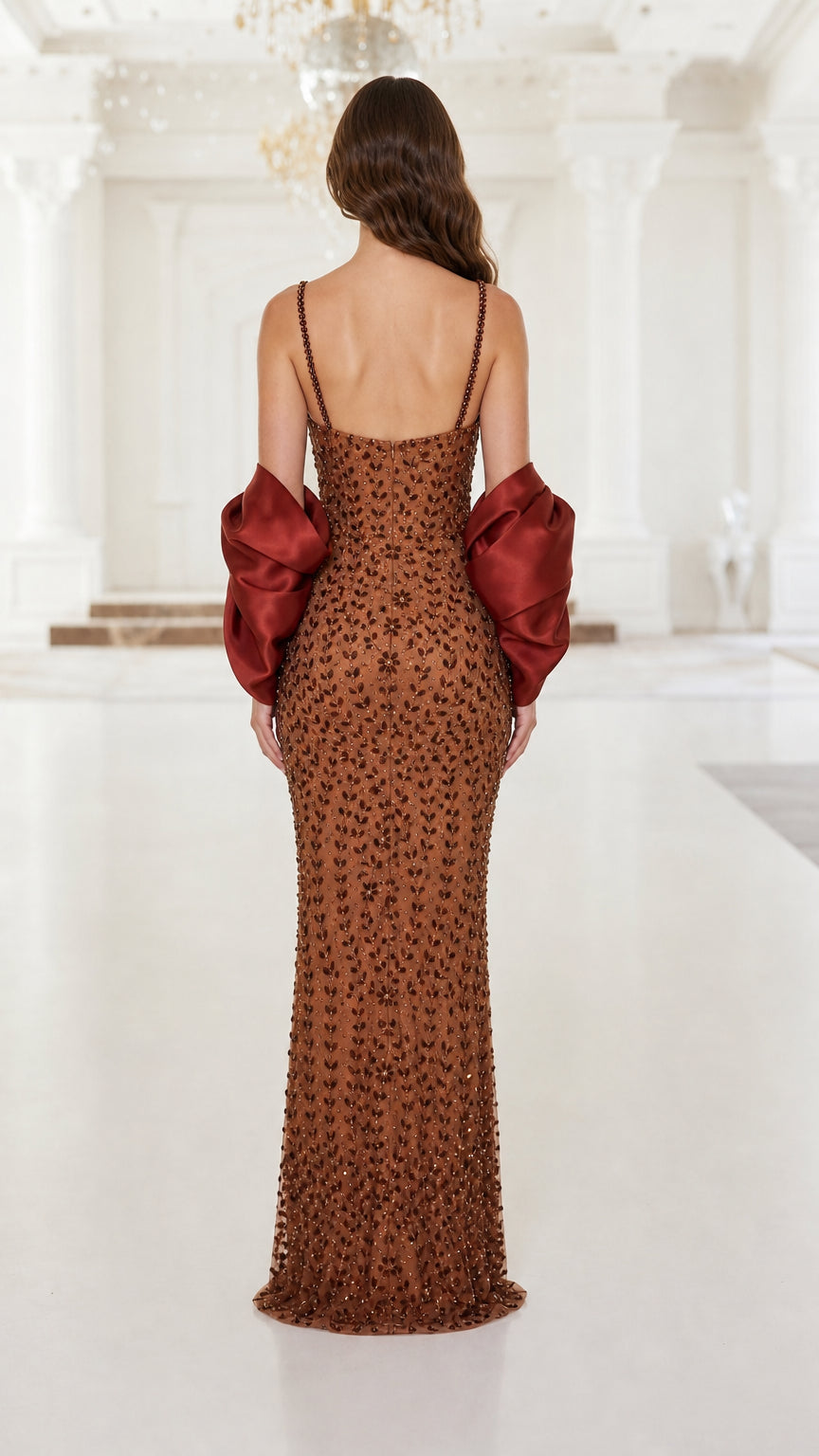 Back view of brown beaded floor-length dress