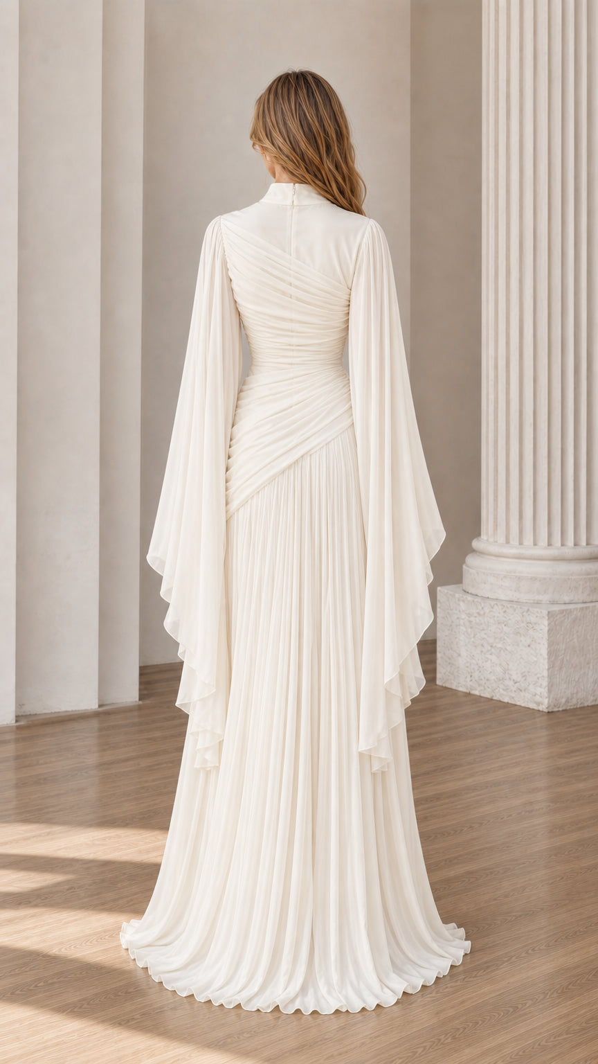 Back view of Ivory pleated maxi gown